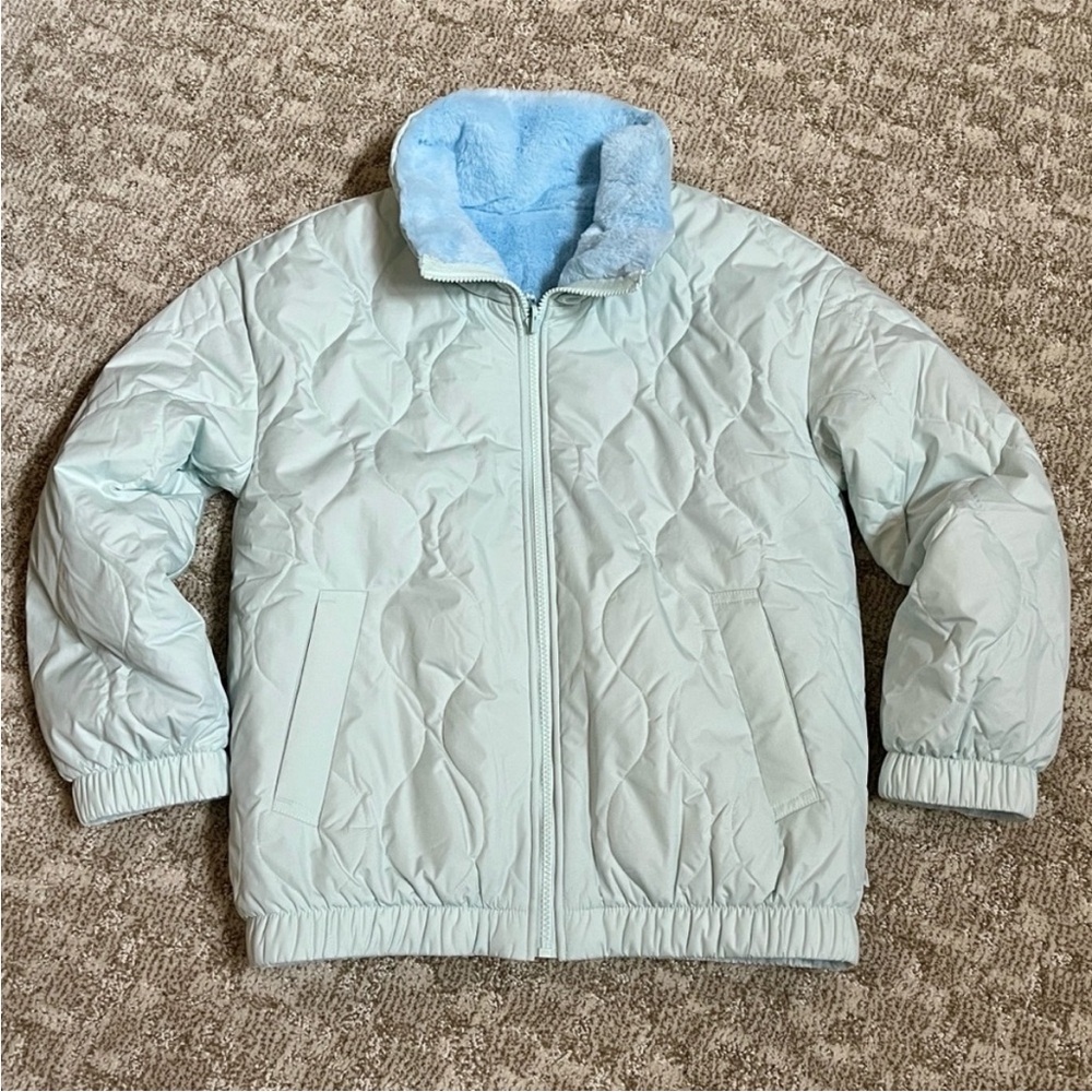 Athleta Girl Reversible Halycon Blue Warm + Fuzzy Jacket—6 - Picture 3 of 11